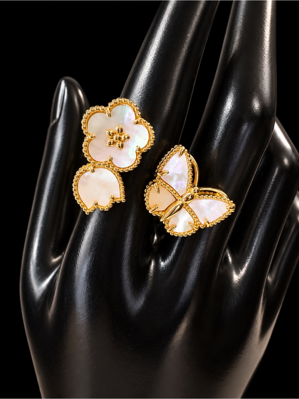 Gold and Mother-of-Pearl Floral & Butterfly Adjustable Ring